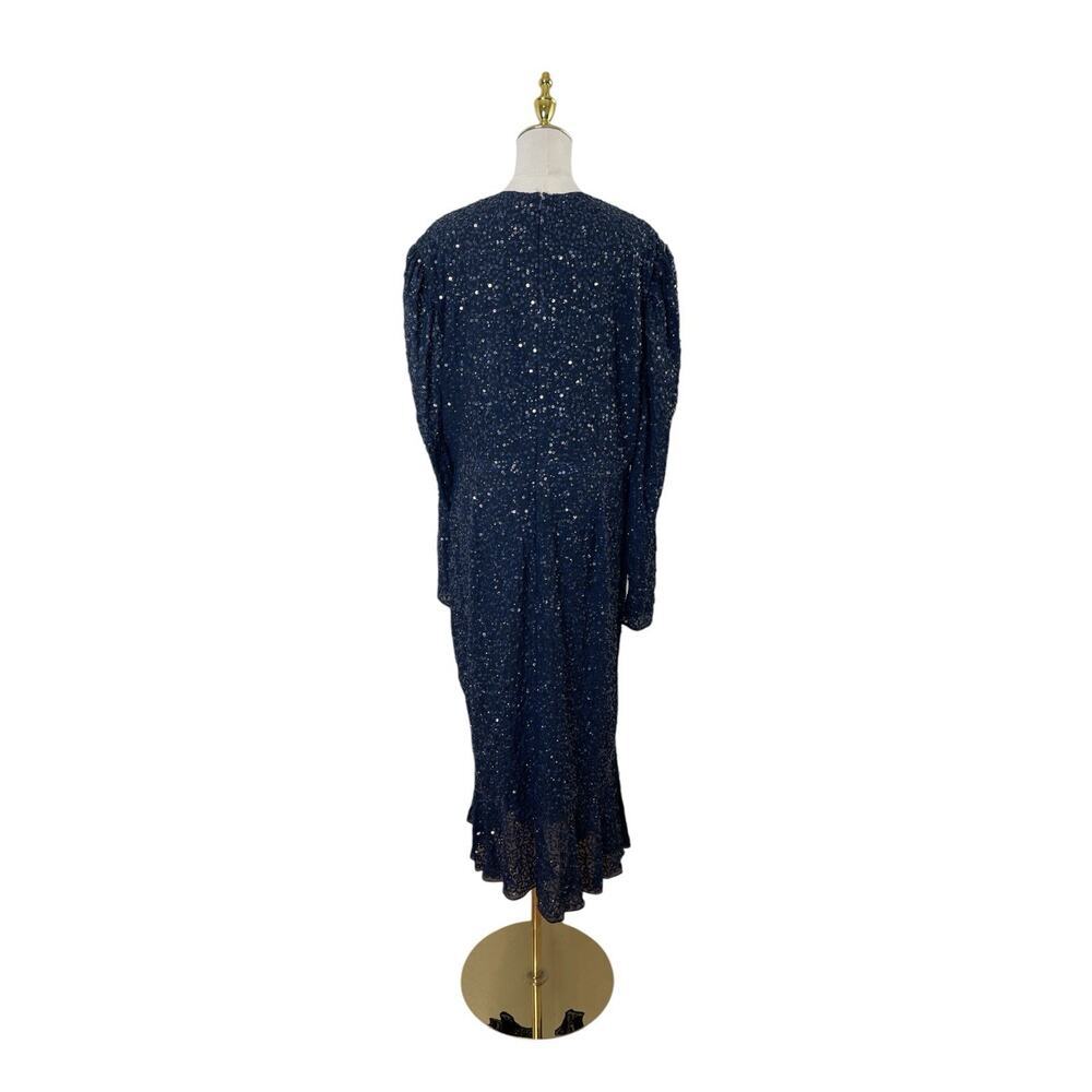 Mac Duggal 10865 Midnight Sequin Long Sleeve Puff Shoulder Dress Size 14 $398 - Picture 7 of 8